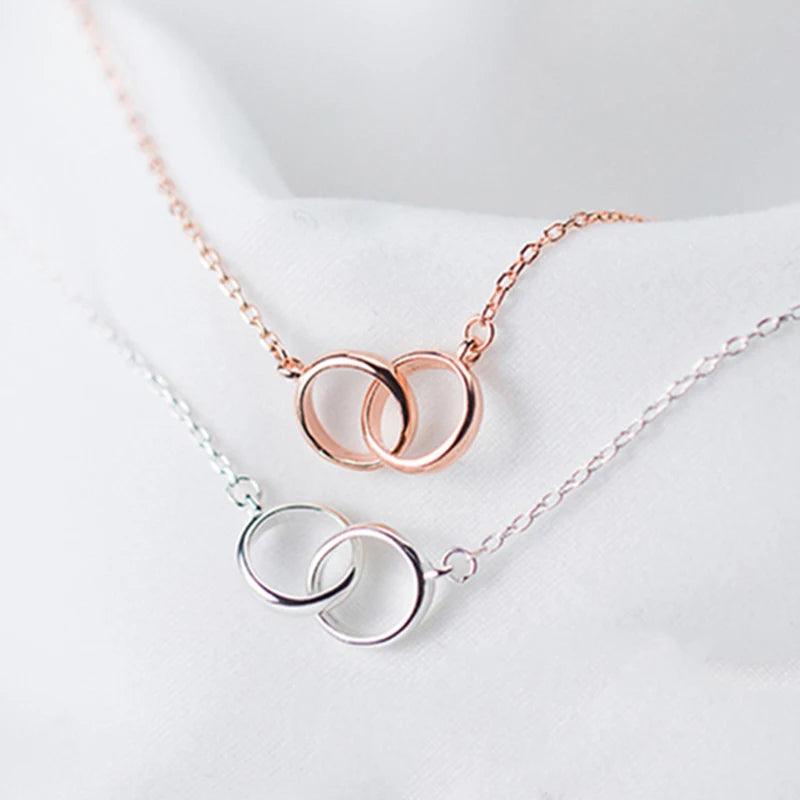 925 Silver Necklace Zircon Double Circle Pendant Women Jewelry Wedding Gift