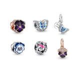 925 Silver Pink Pansy Flower Beads Charms for Bracelet Necklace