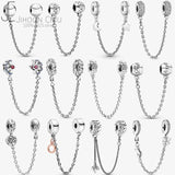 Silver 925 Clear Sparkle Flower Safety Chain Charm Bead for Bracelet DIY Jewelry