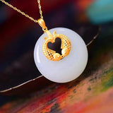 Silver Inlaid Hetian Jade Pisces Pendant Necklace Chinese Sand Craft Jewelry