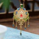 Ancient Chalcedony Butterfly Tassel Necklace Enamel Pendant
