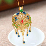 Ancient Chalcedony Butterfly Tassel Necklace Enamel Pendant