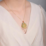 Ancient Chalcedony Butterfly Tassel Necklace Enamel Pendant