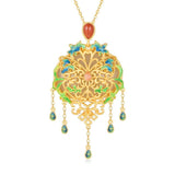 Ancient Chalcedony Butterfly Tassel Necklace Enamel Pendant
