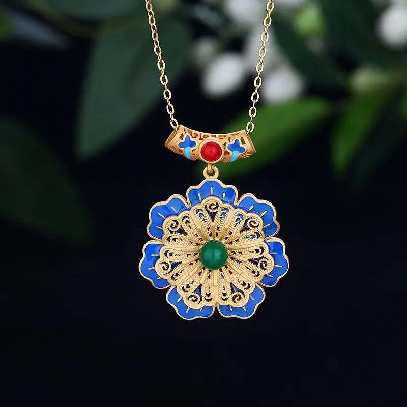 Retro Palace Flower Necklace Hanfu Accessories Chalcedony Pendant Chain Jewelry