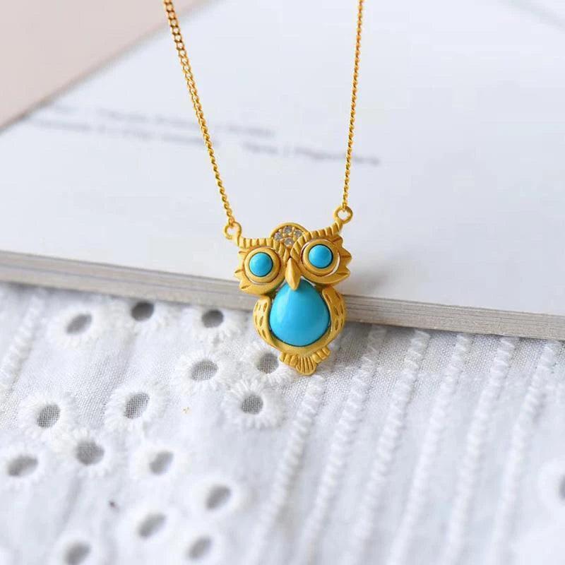 Turquoise Owl Shape Silver Inlaid CZ Chinese Retro Charm Jewelry