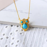Turquoise Owl Shape Silver Inlaid CZ Chinese Retro Charm Jewelry