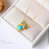 Turquoise Owl Shape Silver Inlaid CZ Chinese Retro Charm Jewelry