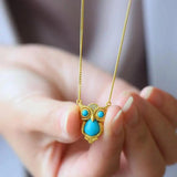 Turquoise Owl Shape Silver Inlaid CZ Chinese Retro Charm Jewelry