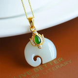 Silver Inlaid Hetian Jade Elephant Pendant Necklace Chinese Charm Gift