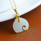Silver Inlaid Hetian Jade Elephant Pendant Necklace Chinese Charm Gift