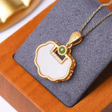 Natural Hetian Chalcedony Pendant Necklace with Silver Inlay