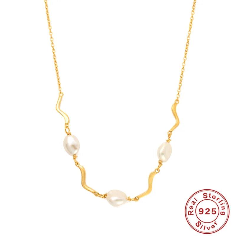 925 Silver Retro Wavy Clavicle Chain Pearl Pendant Necklaces