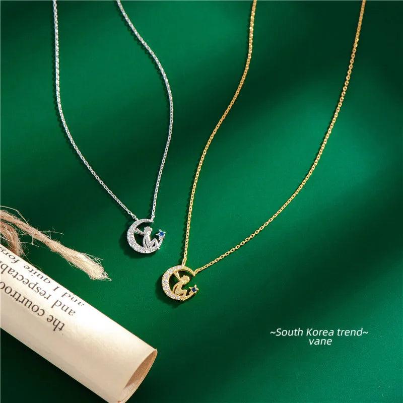 925 Silver Little Prince Star Moon Pendant Necklace