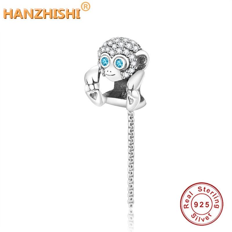 925 Silver Clear Zircon Monkey Charm Bead Necklace Bracelet DIY
