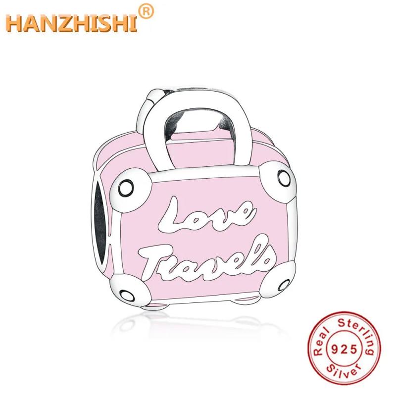 925 Silver Pink Enamel Shopping Bag Bead Charm for Bracelet Jewelry Making