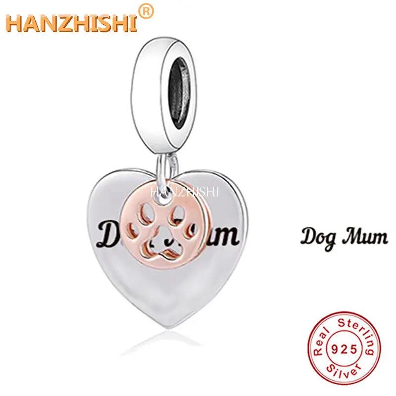 925 Silver Dog Mum Heart Footprint Dangle Charms for Bracelet Necklace