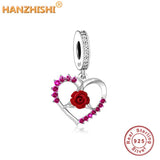 925 Silver Rose Flower Heart Dangle Charm for Bracelet Necklace