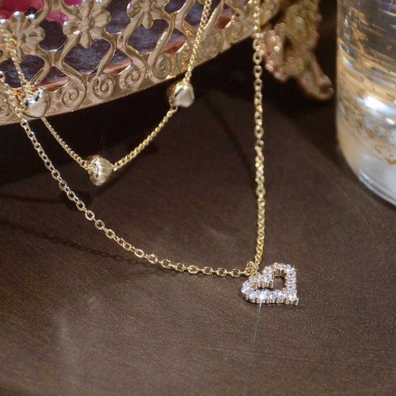 14k Double Layer Tiny Heart Necklace Zircon Clavicle Kolye Colar Pendant