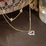 14k Double Layer Tiny Heart Necklace Zircon Clavicle Kolye Colar Pendant