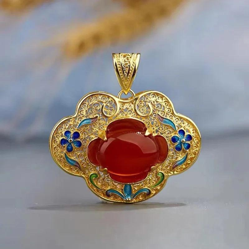 Inlaid Red Chalcedony Pendant Necklace, Enamel Wedding Jewelry