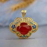 Inlaid Red Chalcedony Pendant Necklace, Enamel Wedding Jewelry