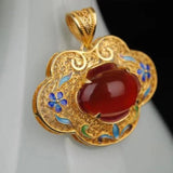 Inlaid Red Chalcedony Pendant Necklace, Enamel Wedding Jewelry