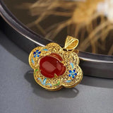Inlaid Red Chalcedony Pendant Necklace, Enamel Wedding Jewelry