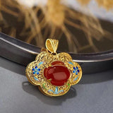 Inlaid Red Chalcedony Pendant Necklace, Enamel Wedding Jewelry