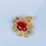 Inlaid Red Chalcedony Pendant Necklace, Enamel Wedding Jewelry