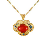 Inlaid Red Chalcedony Pendant Necklace, Enamel Wedding Jewelry