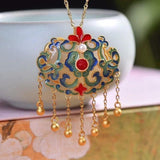 Ancient Craft Hetian Jade Pearl Enamel Tassel Pendant Necklace