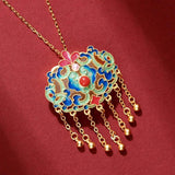 Ancient Craft Hetian Jade Pearl Enamel Tassel Pendant Necklace