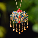 Ancient Craft Hetian Jade Pearl Enamel Tassel Pendant Necklace