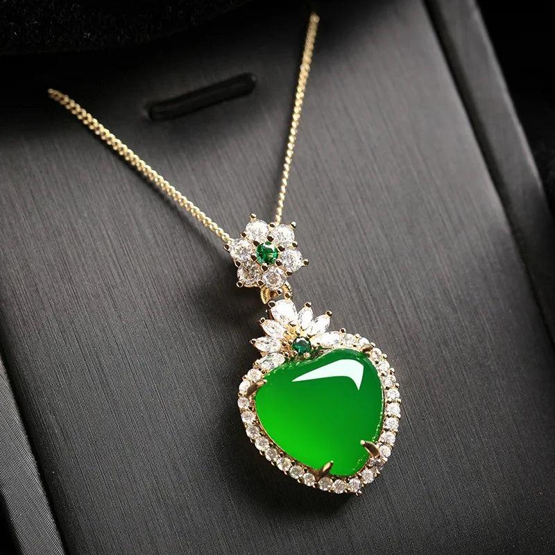 Lab Emerald Pendant Necklace Chain Necklace Heart Stones Choker Necklace