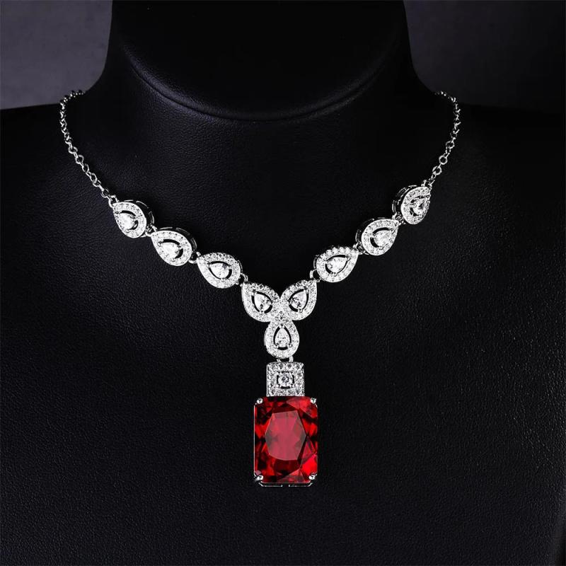 Women's Silver Chain Blood Red Gem Square Simulation Diamond Charms