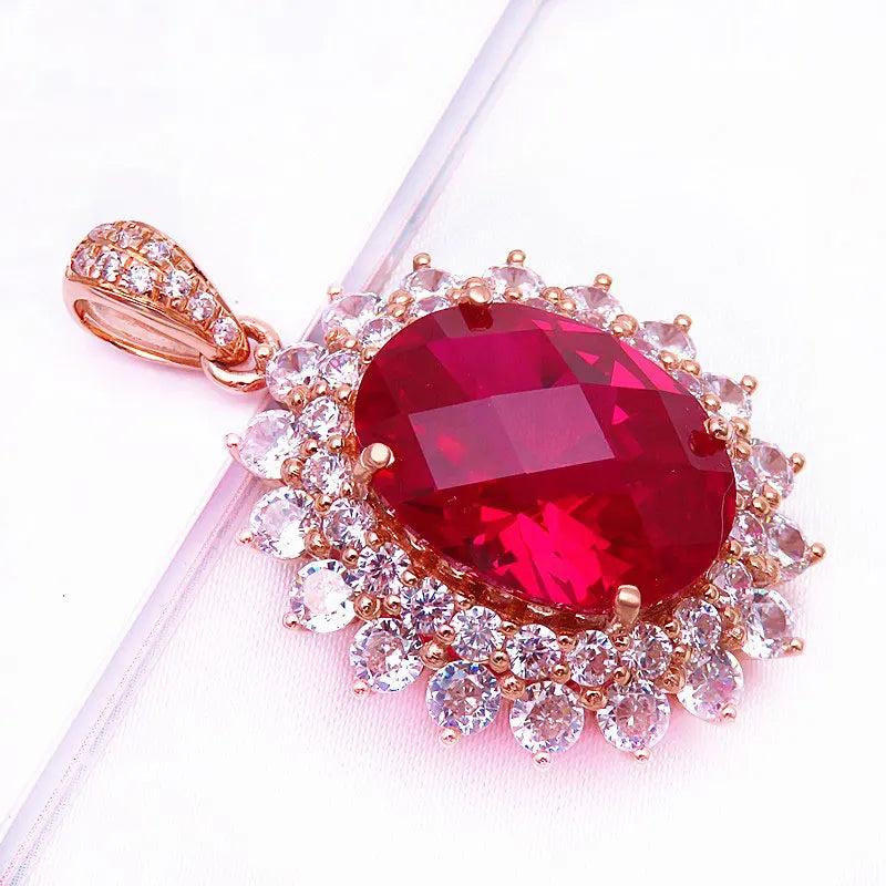 14K Rose Ruby Necklace Crystal Pendant in Romantic Ladies Jewelry