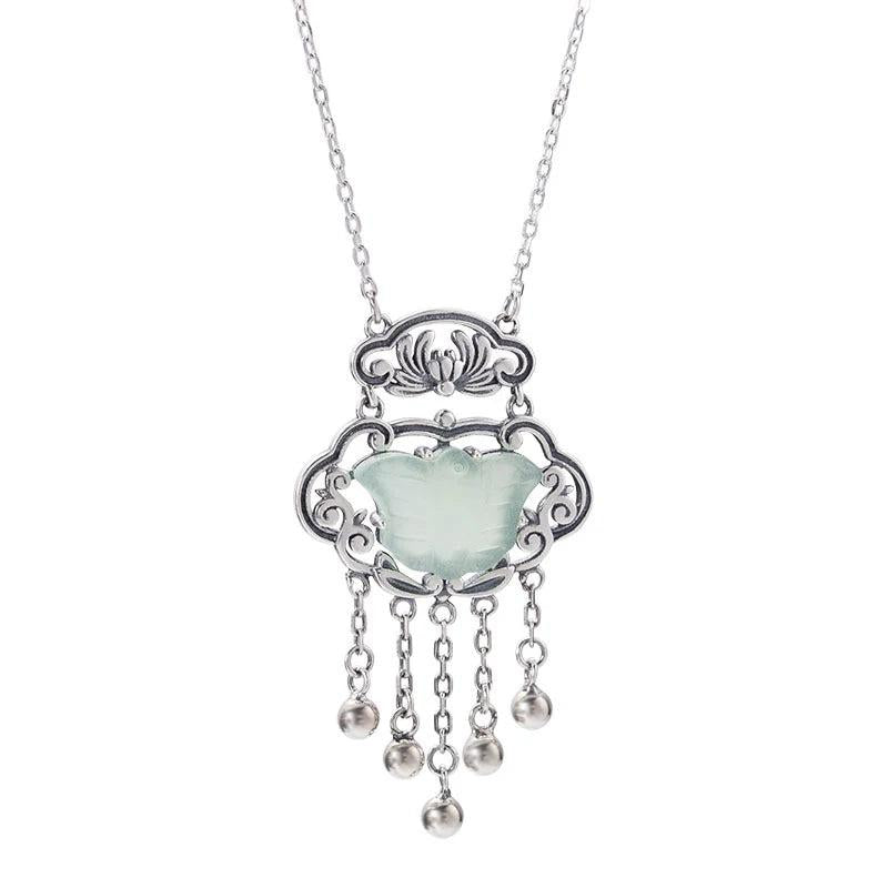 Chinese Retro Silver Inlaid Tassel Butterfly Necklace with Hetian Jade Pendant