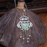 Chinese Retro Silver Inlaid Tassel Butterfly Necklace with Hetian Jade Pendant