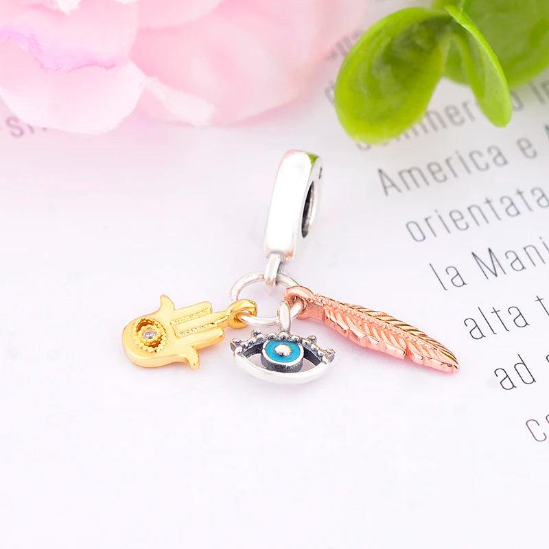 925 Silver Evil Eye Rose Hamsa Hand of Fatima Leaf Bead Charm Bracelet