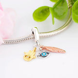 925 Silver Evil Eye Rose Hamsa Hand of Fatima Leaf Bead Charm Bracelet