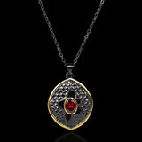 925 Silver Two-Color Hollow Disc Necklace with Red Zircon Pendant