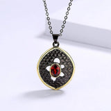 925 Silver Two-Color Hollow Disc Necklace with Red Zircon Pendant