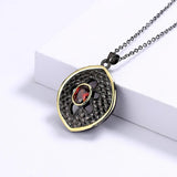 925 Silver Two-Color Hollow Disc Necklace with Red Zircon Pendant