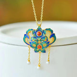 Court-Style Jewelry Inlaid with Hetian Jade Necklace Enamel Flower Pendants