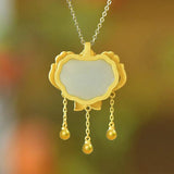 Court-Style Jewelry Inlaid with Hetian Jade Necklace Enamel Flower Pendants