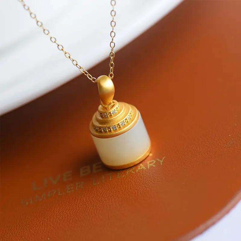 Silver Inlaid Hetian Chalcedony Barrel Pendant Necklace