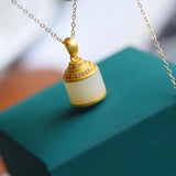 Silver Inlaid Hetian Chalcedony Barrel Pendant Necklace