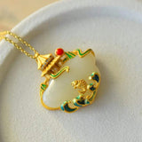Vintage Chinese Ruyi Pendant Necklace in Silver Inlaid Hotan Jade