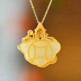 Vintage Chinese Ruyi Pendant Necklace in Silver Inlaid Hotan Jade